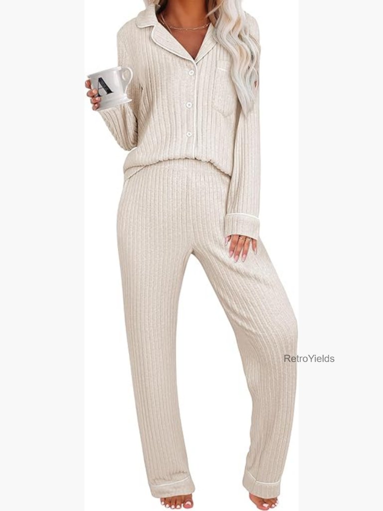 Women's Lounge Pajama Set - 2 Piece Ribbed Long Sleeve Loungewear